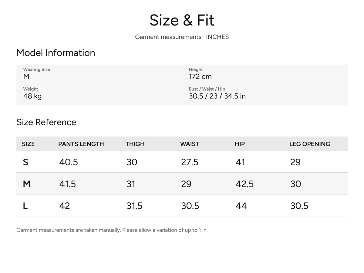 SHEVOV garment size and fit chart