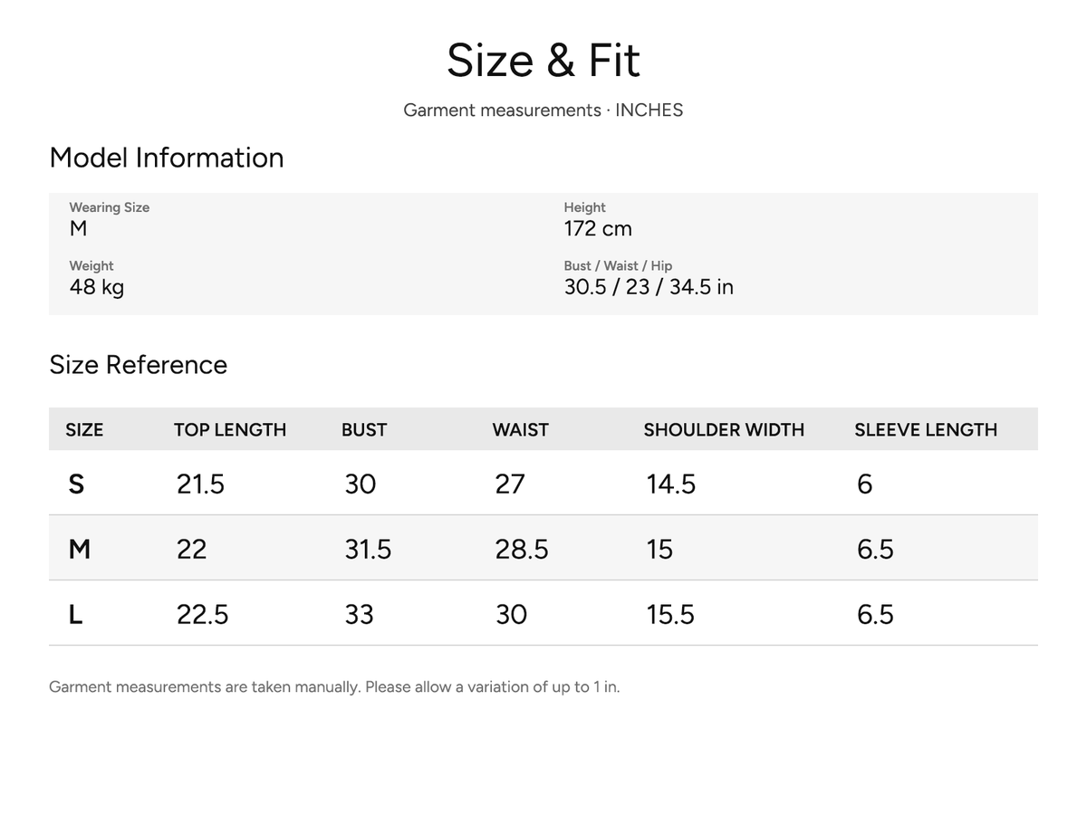SHEVOV garment size and fit chart