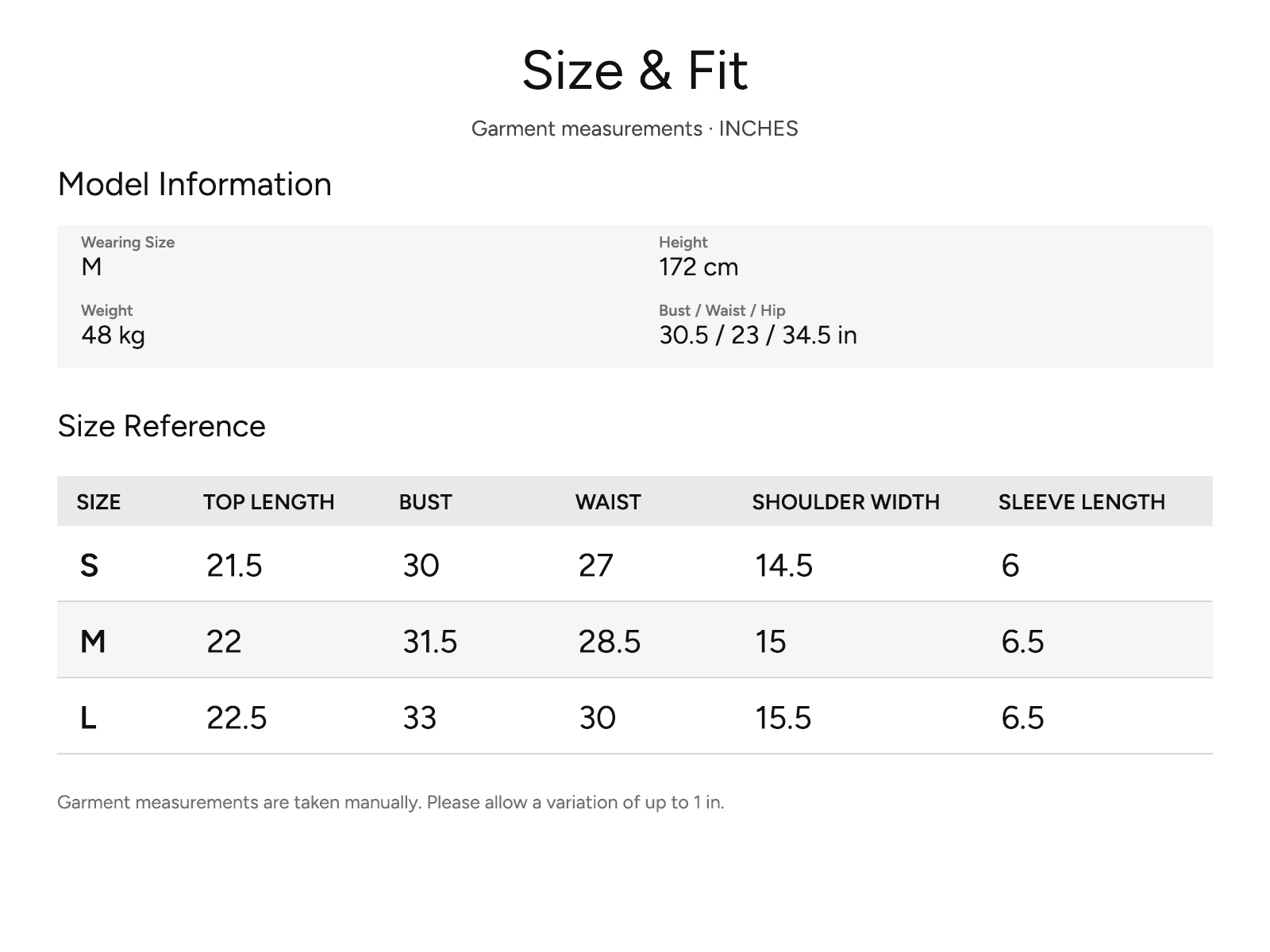 SHEVOV garment size and fit chart
