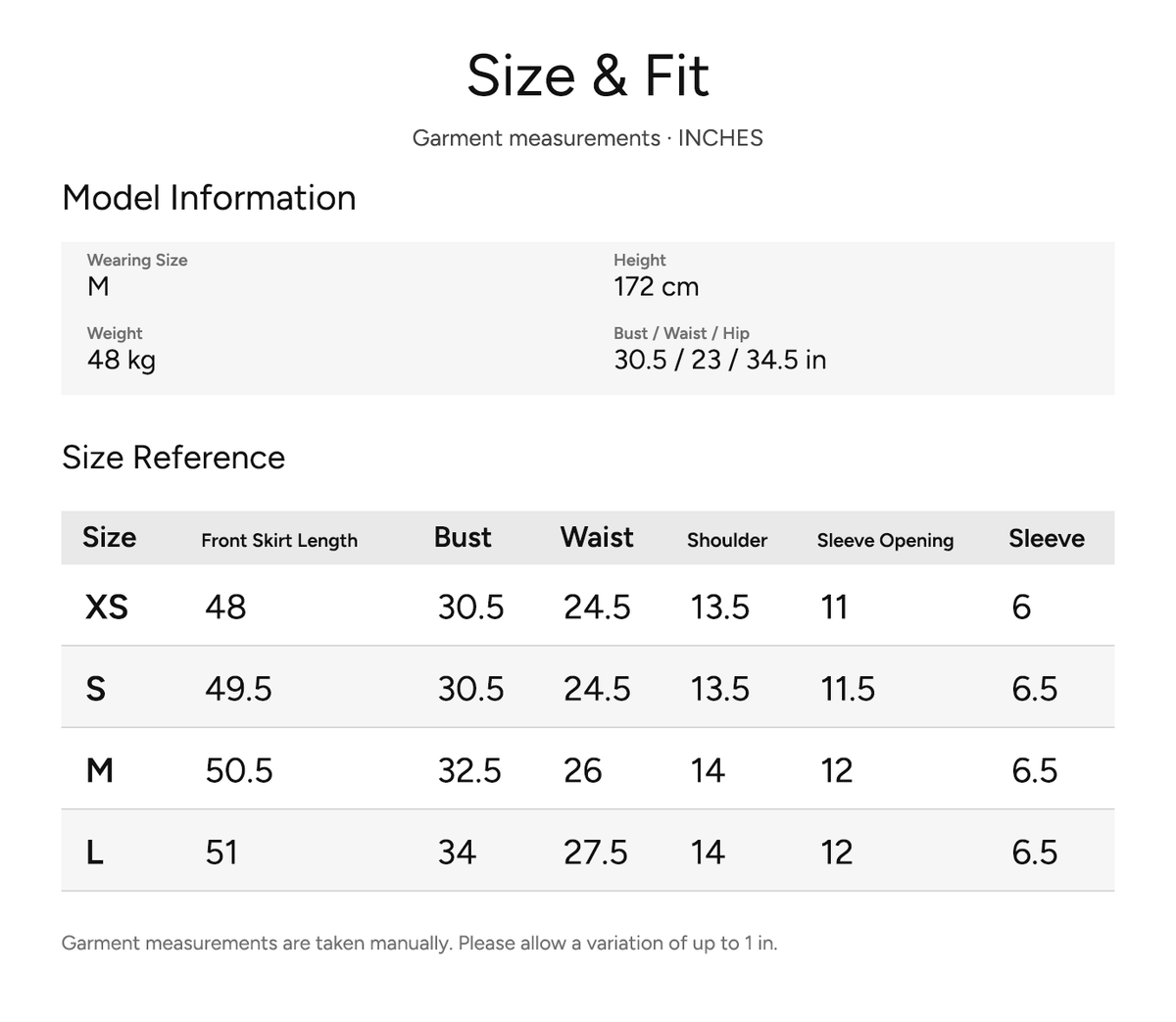 SHEVOV garment size and fit chart