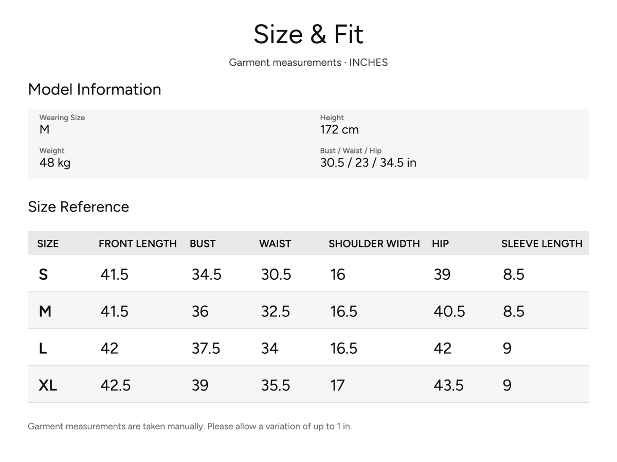 SHEVOV garment size and fit chart