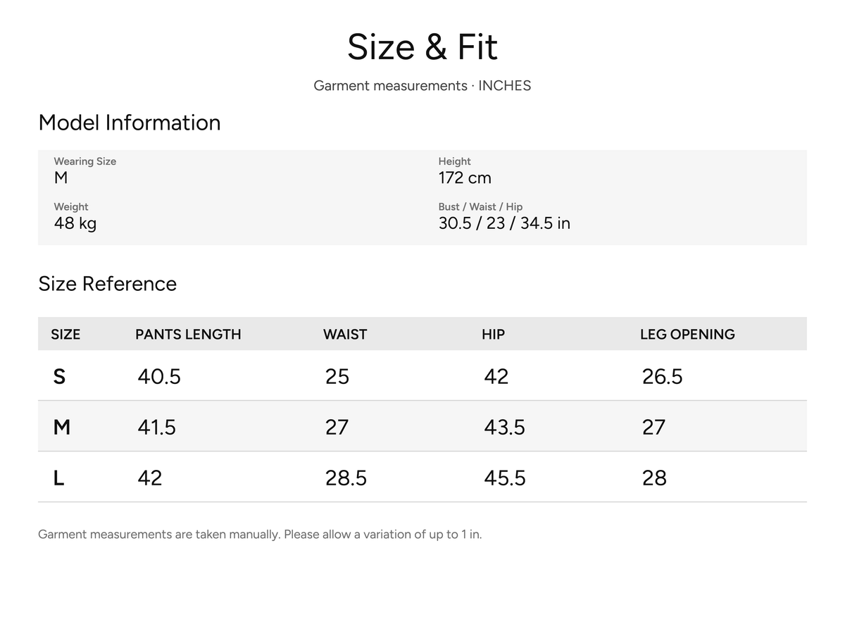 SHEVOV garment size and fit chart