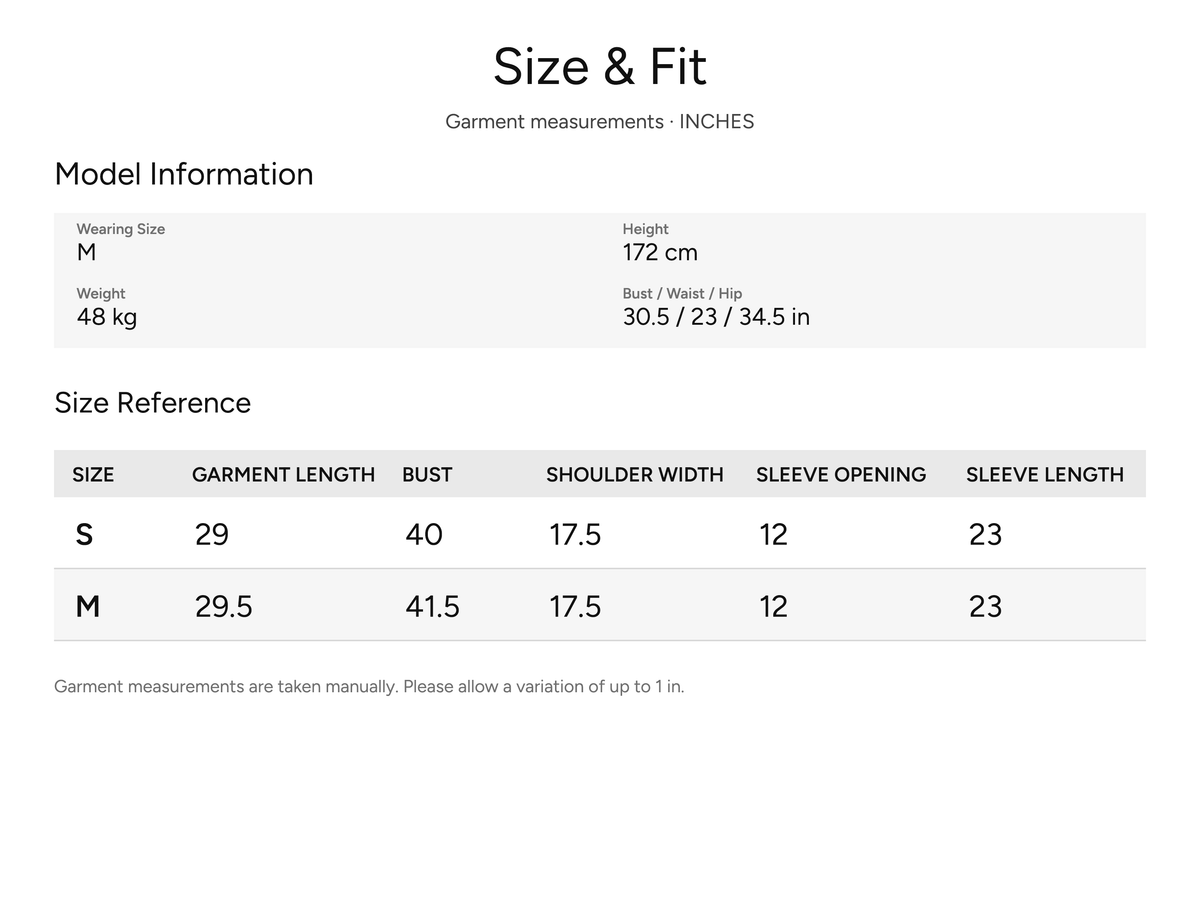 SHEVOV garment size and fit chart