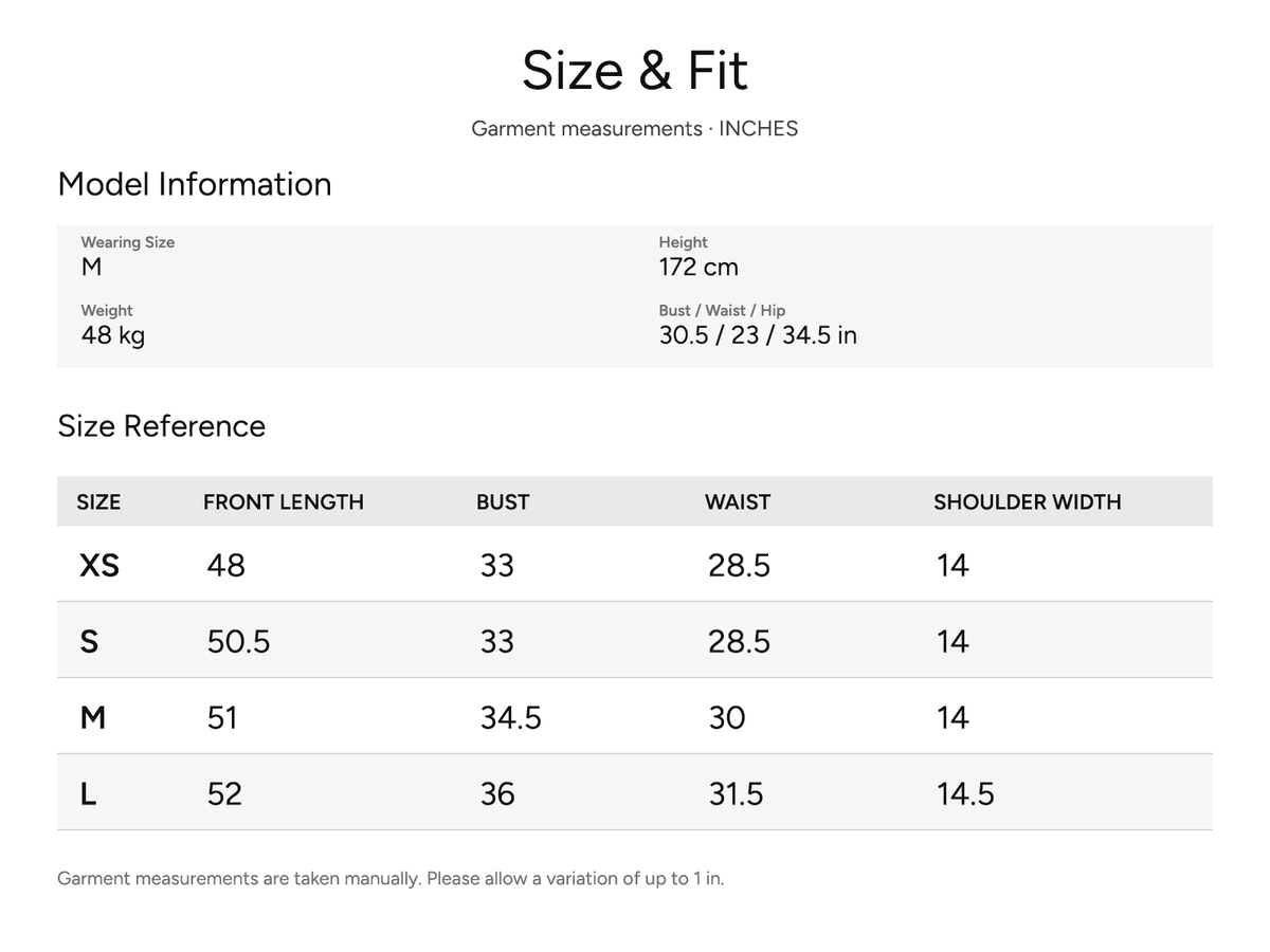 SHEVOV garment size and fit chart