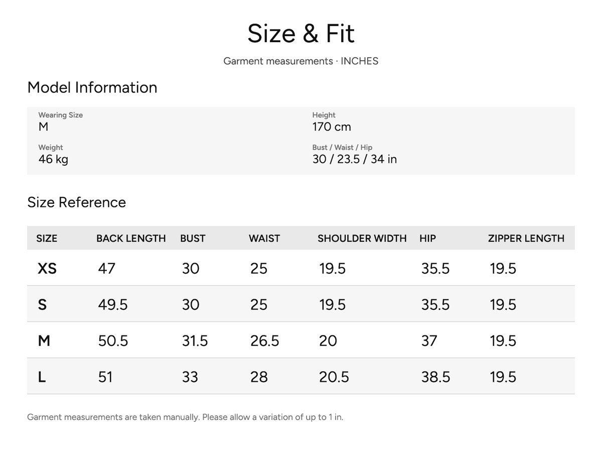 SHEVOV garment size and fit chart