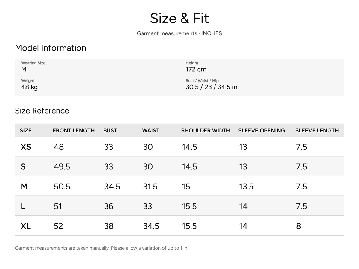 SHEVOV garment size and fit chart