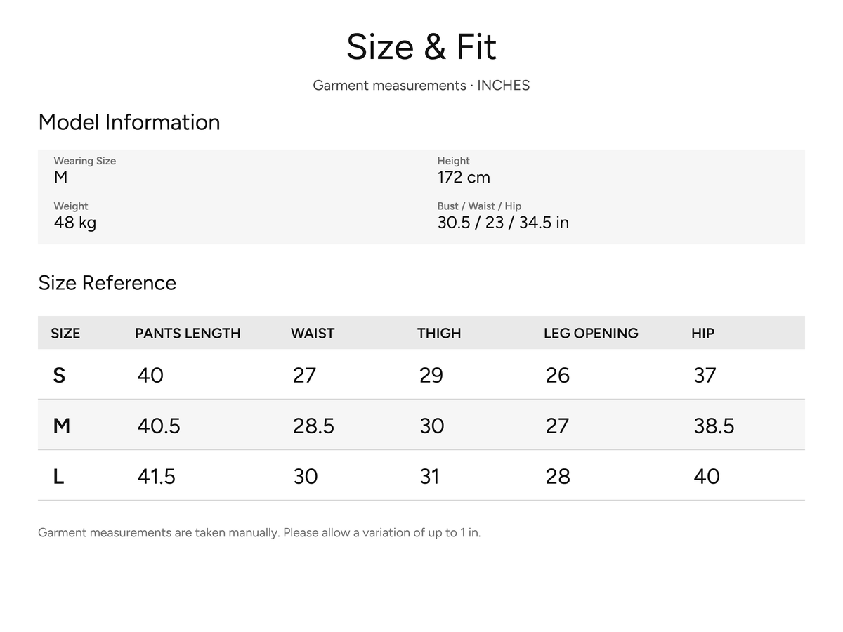SHEVOV garment size and fit chart