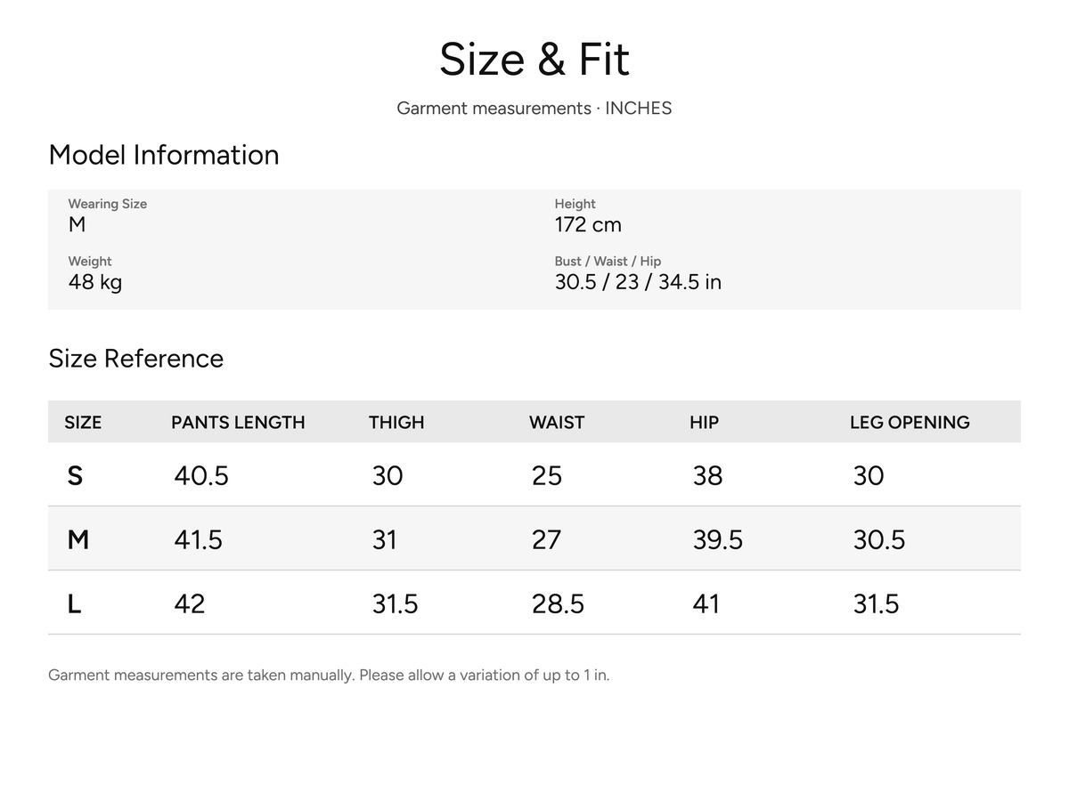 SHEVOV garment size and fit chart