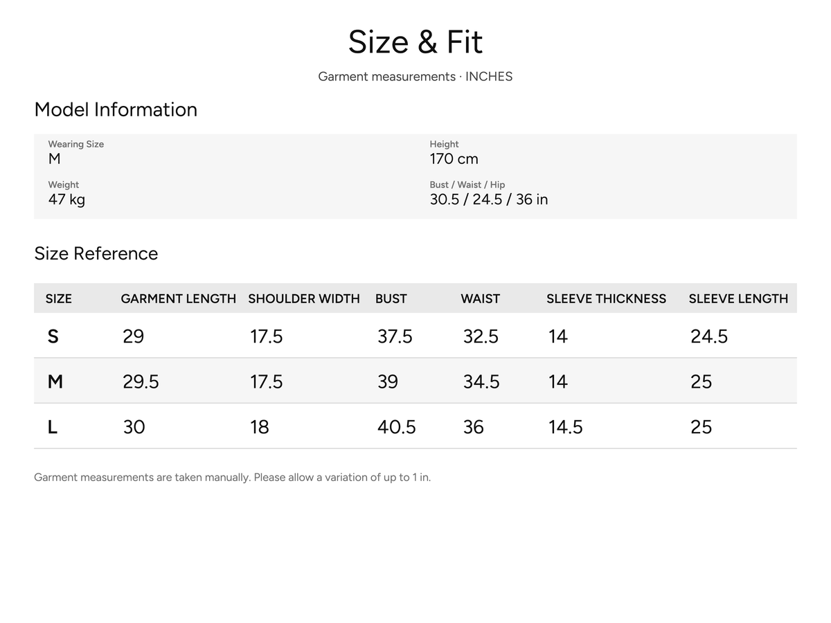 SHEVOV garment size and fit chart